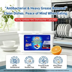 Lucky Rainbow 20pcs Bulk Pack Solid All In One 99.9% Antibacterial Dishwasher Capsules for Household Use