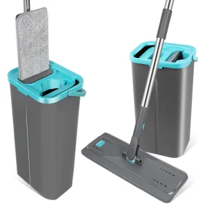 Masthome Hand Free Floor Cleaning Flat Mop and Bucket Set Microfiber Squeeze Mop With Bucket