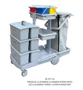 Medical Cleaning Three Layer Heavy Duty Plastic Janitor Cart with Built In Shelf and 200 lb Capacity