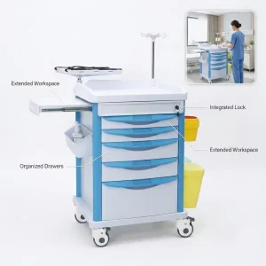 Medical Crash Cart Nursing Trolley with Swivel Tablet Mount Adjustable IV Pole Drawers and Bins