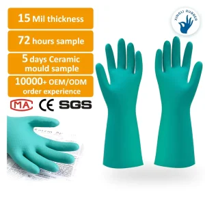 Medium Thick Green Flocklined Nitrile Gloves Chemical Resistant Oil Proof Reusable Waterproof Kitchen