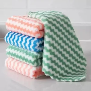 Microfiber Coral Fleece Thickened Dish Cloth Striped Pattern Kitchen Scouring Pad Water Absorbent Towel Household Use