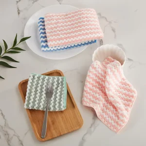 Microfiber Woven Coral Fleece Striped Kitchen Towel Quick Dry Eco Friendly Soft Absorbent Reusable Machine Washable Square Dish