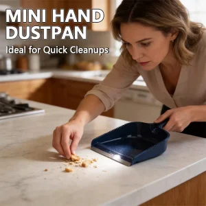Mini Handheld Dustpan with Comb Teeth Blue Plastic + Metal Edge Ideal for Kitchen Countertops Desks Leak Proof Easy to Clean