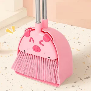 Mini Pink Pig Broom and Dustpan Set Soft PET Bristles Retractable Aluminum Rod Cleaning Tool for Children