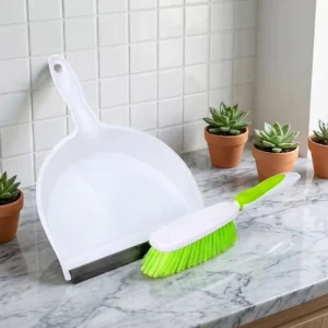 Mini Plastic Broom Dustpan Set Green Bristles + Rubber Edge Ideal for Desktops Keyboards Countertops Lightweight Easy to Store
