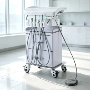 Mobile Dental Treatment Unit Dental Cart with 3 Way Syringe Foot Pedal Water Purification Ultrasonic Scaler for Clinic