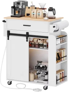 Mobile Kitchen Island Cart on Wheels with Charging Station Barn Sliding Door Paper Towel Holder & Side Shelves White Natural