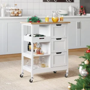 Mobile Kitchen Island Cart with Solid Wood Top Multi-Storage Rolling Kitchen Trolley with Drawers & Open Shelves for Kitchen