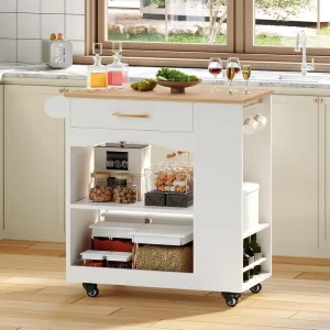 Modern White Kitchen Island Cart with Wheels, Drawer and Open Shelves