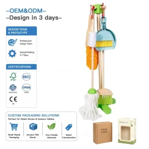 Montessori Wooden Kids Cleaning Set with Broom Mop Dustpan and Duster for Pretend Play Custom OEM CE