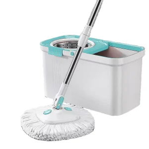 Mop Bucket with Telescopic Steel Pole, Dual-Drive Four-Side Wringing, Microfiber Mop Pad, 2 Mopheads, 4 Wheels