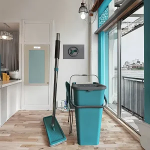 Mop Set with Reusable Microfiber Pads, Steel Pole, Bucket, Flat Mop, and Color Box
