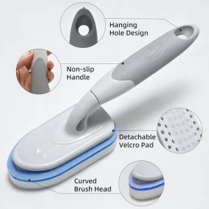 Multi Purpose Household Scrub Brush Curved Hand Cleaner with Self Foaming Replaceable Nano Sponge Pad Bathroom Kitchen Deep