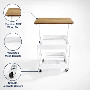 Multi Purpose Rolling Utility Cart with Wooden Top and Storage Baskets