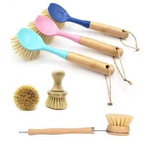 Natural Bamboo Dish Brush Set with Plastic and Nylon for Pot and Pan Washing