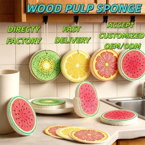 Natural Printing Pattern Fruit Design Household Compressed Cellulose High Absorbent Kitchen Washing Sponge Scouring Pad