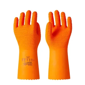 Natural Rubber Household Cleaning Gloves with Crinkled Anti-Slip Grip for Construction, Kitchen, Food, and Chemical Use