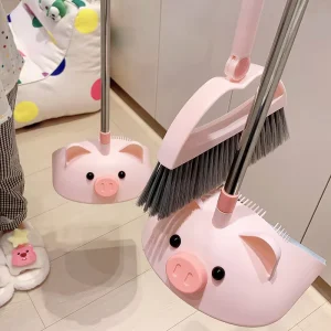 New Cute Cartoon Pig Plastic Broom and Dustpan Set Non stick to Hair Soft Bristles for Home and Dorm Use
