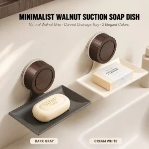No Drill Suction Cup Soap Dish Wall Mount Carbon Steel ABS Bathroom Holder Walnut Wood Knob Draining Tray Gun Grey Cream White