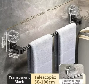No-Drill Suction Cup Towel Bar Telescopic Stainless Steel Adjustable Bath Rack for Bathroom Kitchen OEM