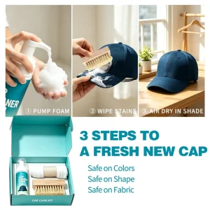 No-Rinse Hat Cleaning Kit with Foam Cleaner, Brush and Towel, Cap Stain Remover for Baseball Snapback Headwear
