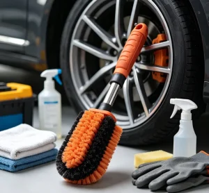 Non Slip Handle Car Tire Wheel Cleaning Brush Large Nylon Bristle Scrub Brush for Vehicle Alloy Rim Detailing Washing