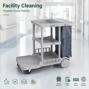OEM Factory 3 Tier PP Hotel Housekeeping Janitorial Cleaning Cart with Trash Bag and Mop Holder