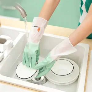 OEM Green Palm Reinforced Honeycomb Texture Roll Cuff 30cm Long Waterproof Dishwashing PVC Household Gloves for Kitchen Cleaning