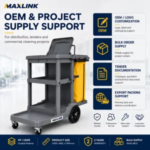 OEM Hospital Housekeeping Trolley with PP HDPE Shelves, Mop Bucket Platform, and Waste Bag Holder