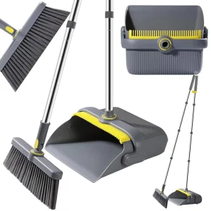 OKKiHOME All in One Broom Dustpan Combo Space Saving Design Stand up Dustpan with Rubber Edges Traps Fine Debris for Hard Floors