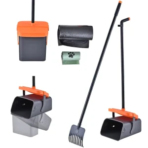 OKKiHOME No Bend Dog Waste Scooper Kit with Swivel Bin Rake and Bags Portable All in One Dog Poop Cleanup System for Pet Owners