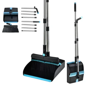 OKKiHOME Space Saving Deep Cleaning Broom Set with Extended Pole Dense Stiff Bristles Windproof Large Foldable Capacity Dustpan