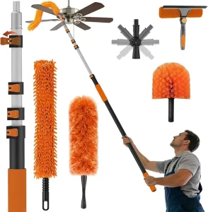 Orange 6-Piece Cleaning Brush Kit with Detachable Retractable Telescopic Pole