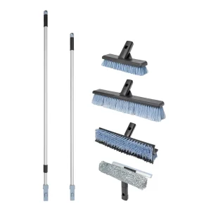 Outdoor Cleaning Tool Set with Telescopic Pole and Interchangeable Heads Deck Brush Scrub V Angle Brush and Window Squeegee