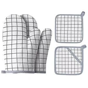 Oven Mitts Potholders and BBQ Gloves Recycled Cotton 2-Piece Set Non-Slip Machine Washable