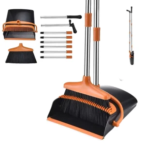 PET Stiff Bristles Broom and Dustpan Set with Long SS Handle Cleaning Tool for Home Commercial Industrial Use