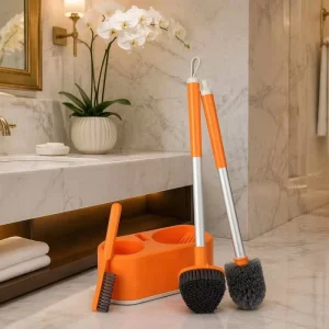 PP 3-in-1 WC Brush Set with Triple Head Scrubber Holder and Aluminium Alloy Long Handle