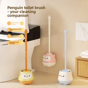 Penguin Cartoon Long-Handled Plastic Toilet Brush with No-Dead-Angle Design for Bathroom Cleaning
