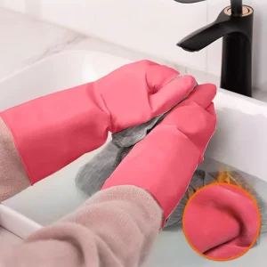 Pink Household Rubber Gloves with Flocked Lining Diamond Grip Roll Cuff Garden Gloves Protective Gear