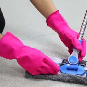 Pink Latex Household Gloves with Flock Liner, Fishscale Grip, and Beaded Cuff for Dishwashing and Cleaning