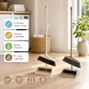 Plastic Broom and Dustpan Set With Long Handle