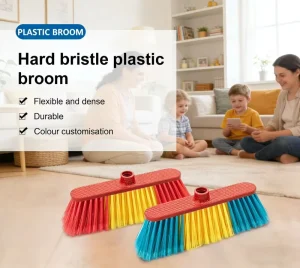 Plastic Broom and Dustpan Set with Soft Bristles, Wooden Handle and Broom Head