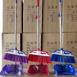 Plastic Broom and Dustpan Set with Soft Wool Bristles