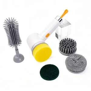 Plastic Electric Cleaning Scrubber Brush with 5 Replaceable Heads for Kitchen, Sink, and Dish Cleaning