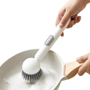 Plastic Squeeze-Dispensing Rotating Pot Cleaning Brush With Long Handle for Dishwashing