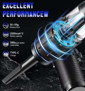 Portable Car Vacuum Cleaner with High Capacity of 2000mAh * 3 Compressed air duster and 2 in 1 air Gun for Blowing and Suction