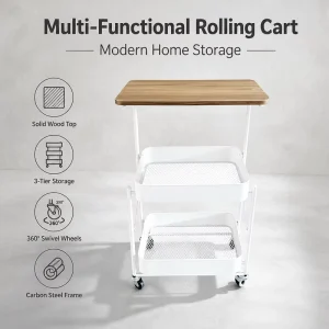 Portable Rolling Storage Cart with Wooden Top for Kitchen and Bathroom