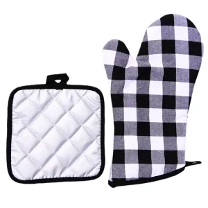Printed Cotton Oven Gloves Plaid Design Microwave Heat-Resistant Gloves Factory Direct