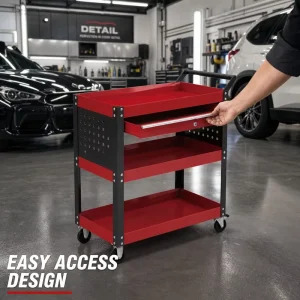 Professional 3 Tier Mobile Diagnostic Station with Secure Drawer and Side Shield Panels Rolling Tool Cart for Automotive Shop